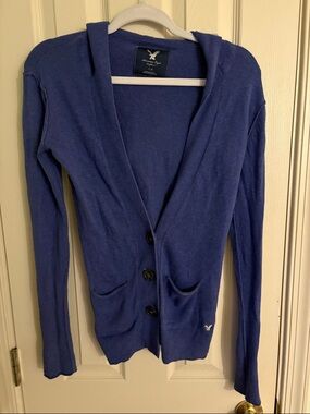 American Eagle Outfitters Blue Hooded Button Cardigan